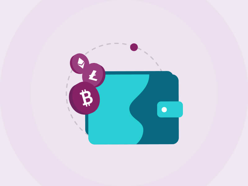 wallet surrounded by currencies on a purple background