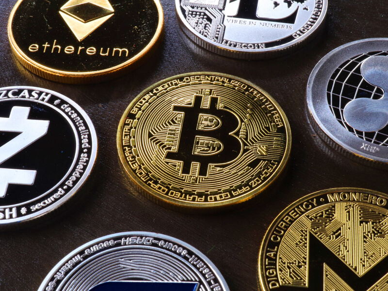 Different cryptocurrencies on a black background