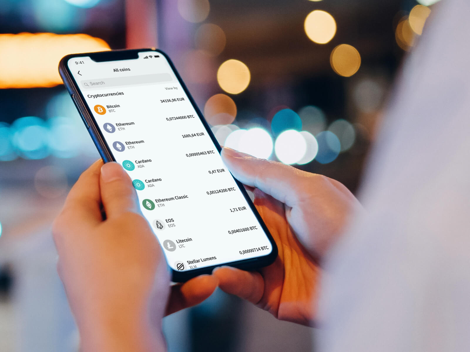 Person checking the Skrill mobile app for all available cryptocurrencies