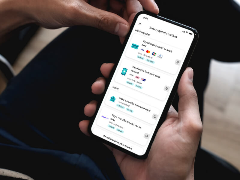 Choosing the payment method on Skrill mobile