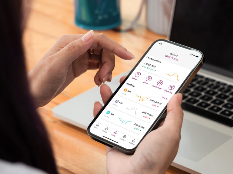person viewing their crypto balance and metrics on Skrill