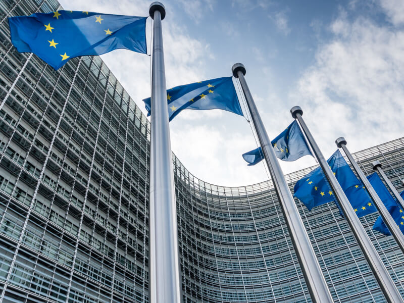 viewing a building with the european flags