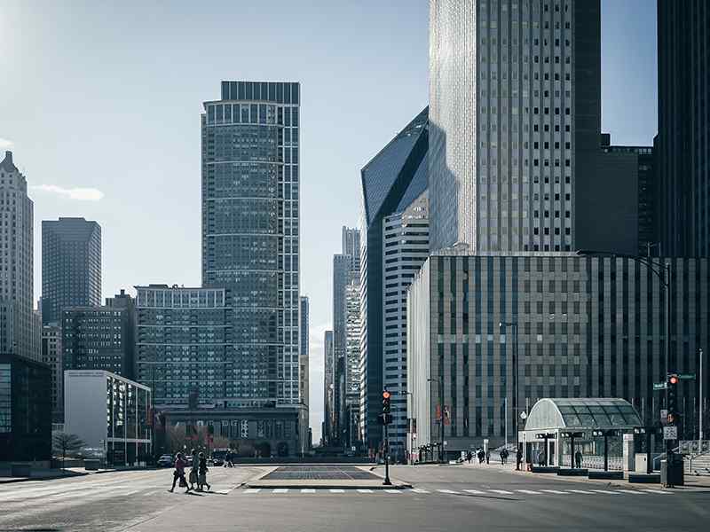 Cityscape with blue buildings and clear sky