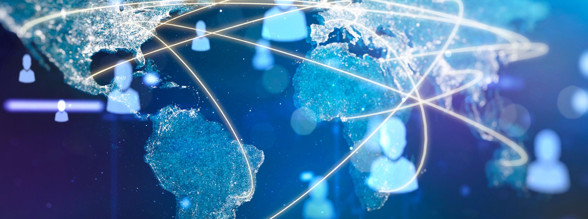 map of the globe showing icons connected through lines behind a blue background 
