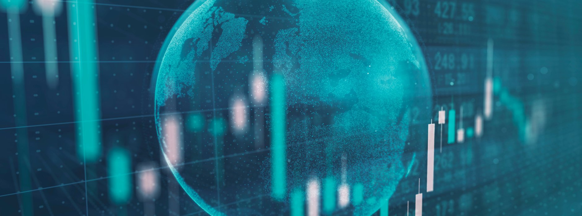 greenish globe behind a trade chart