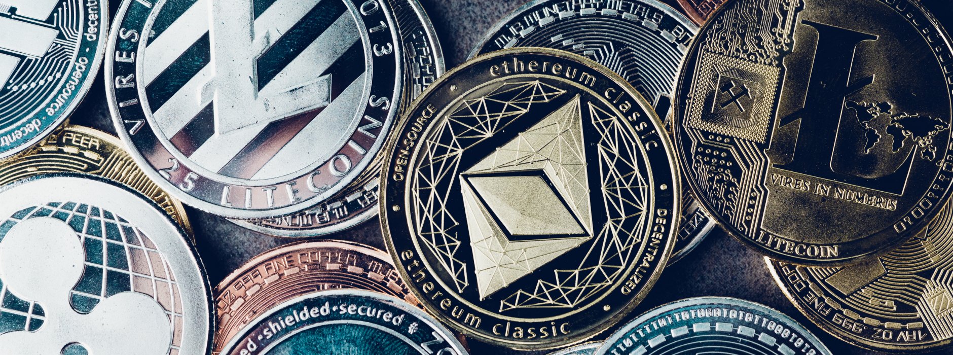 various crypto coins in various colours