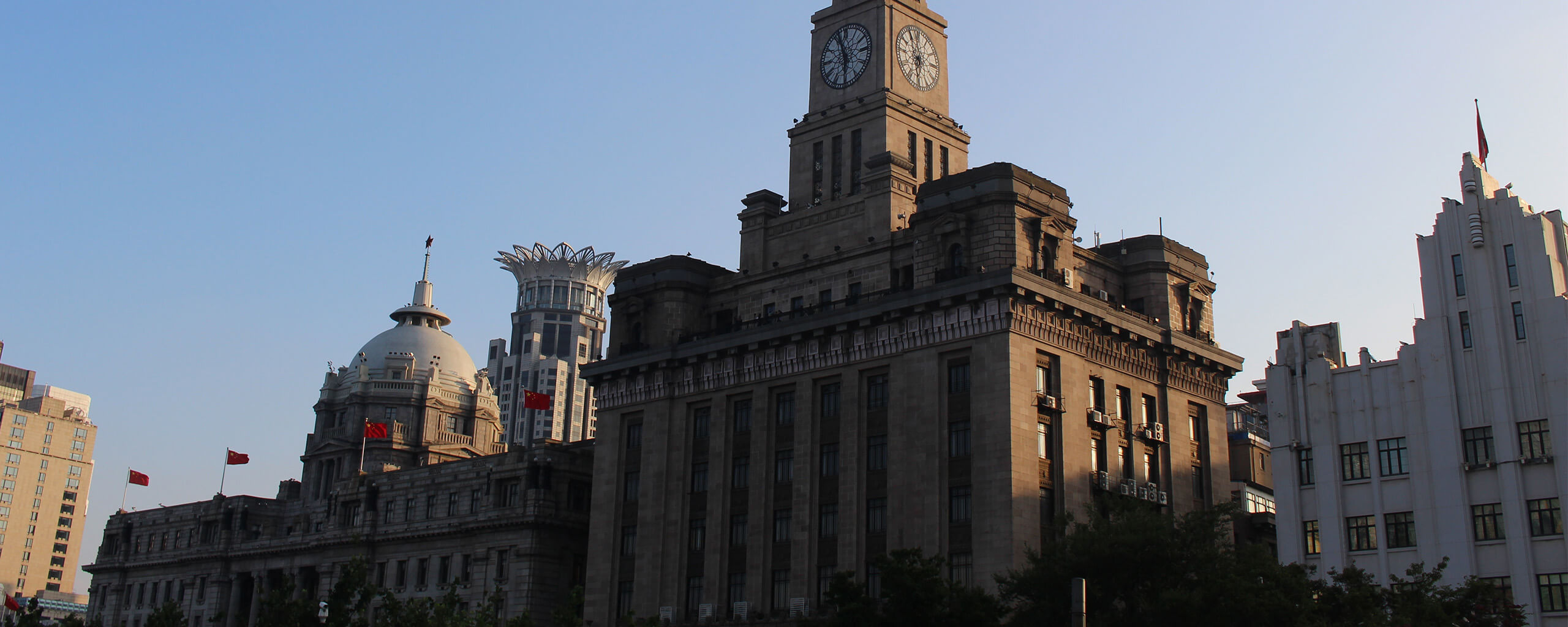 A building with Chinese flags on top