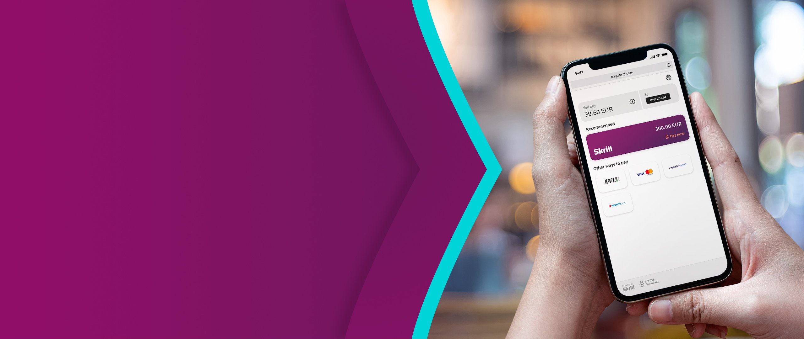 phone with Skrill app, you can pay online, transfer money, withdraw to bank, designed with Skrill brand arrows