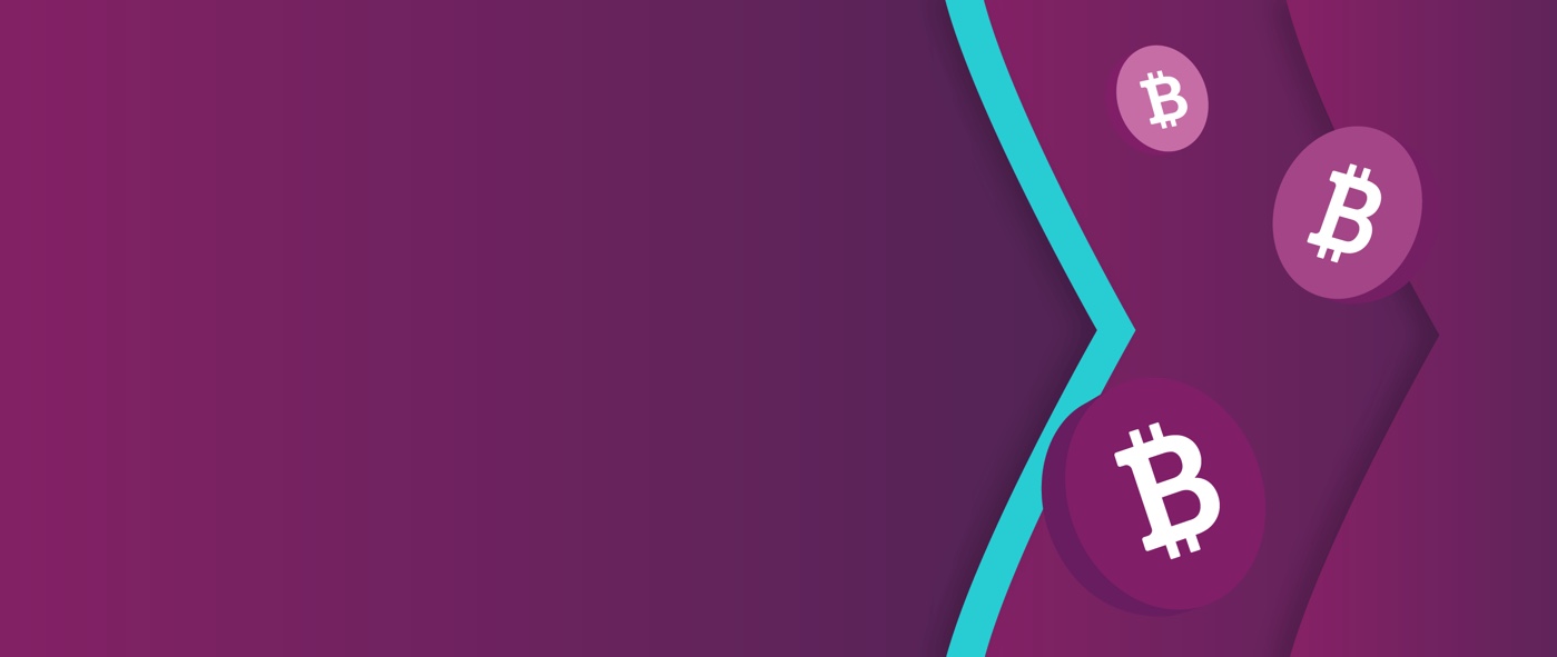 Bitcoin logo on chips floating on the Skrill brand purple and teal arrows