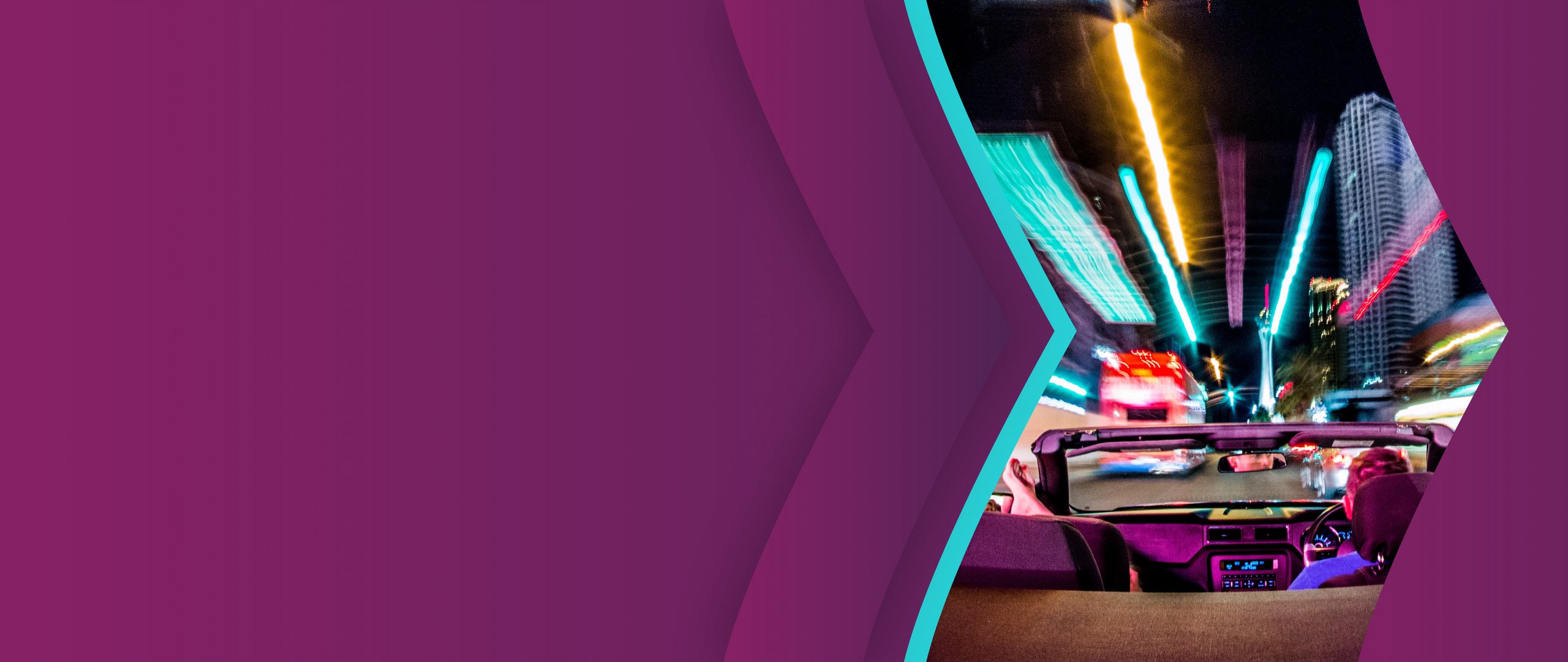 man riding convertible in a big city, fast lane, branded with Skrill purple and teal arrows