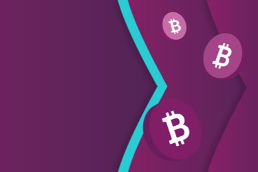 Bitcoin logo on chips floating on the Skrill brand purple and teal arrows