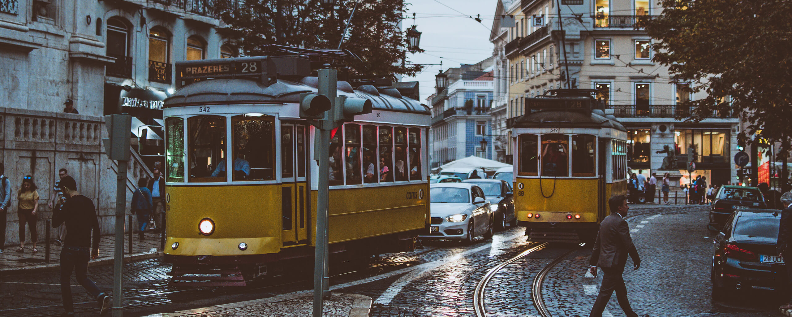 2 trams in a city center