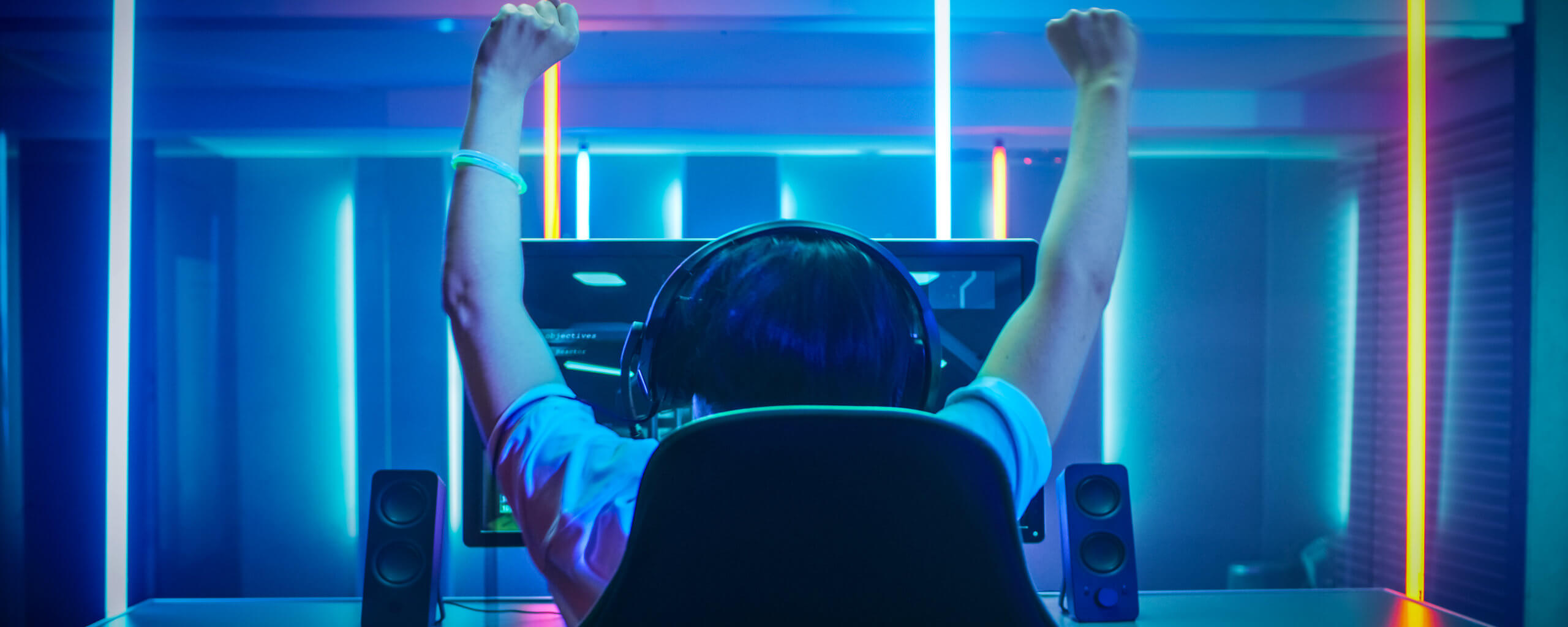 cheering gamer behind a desk
