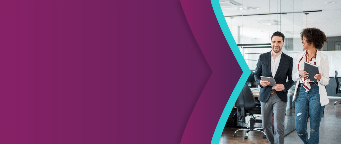 Online payments made easy, smiling man and woman doing business the proper way, Skrill purple and teal arrow branding