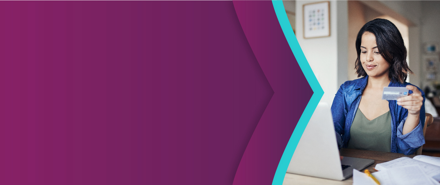 Lady operating with her card on a computer, designed with Skrill purple and teal brand arrows