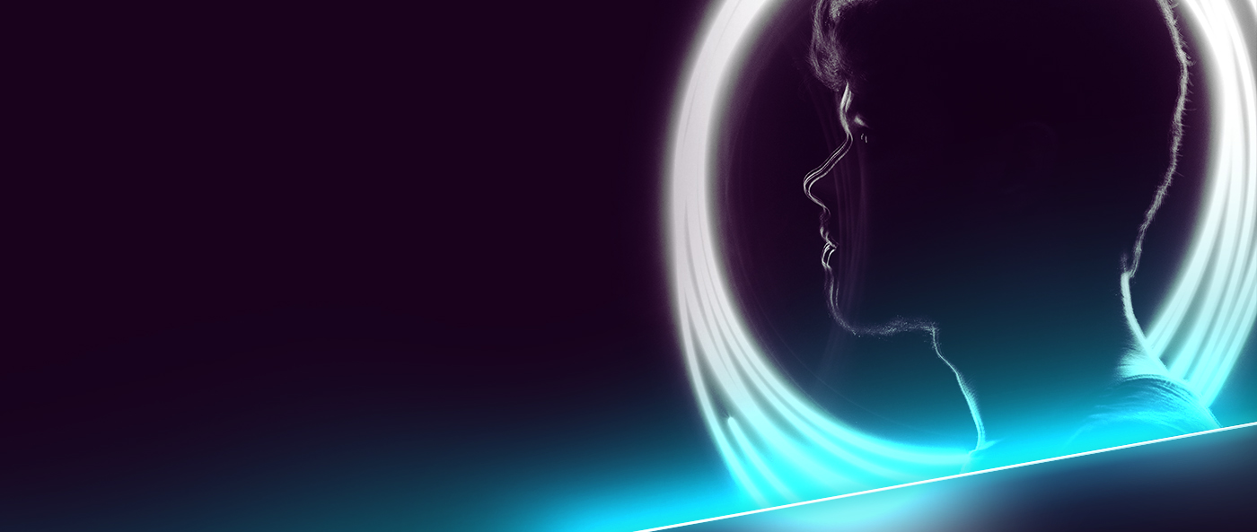 Skrill VIP dark background with neon circles around man's face