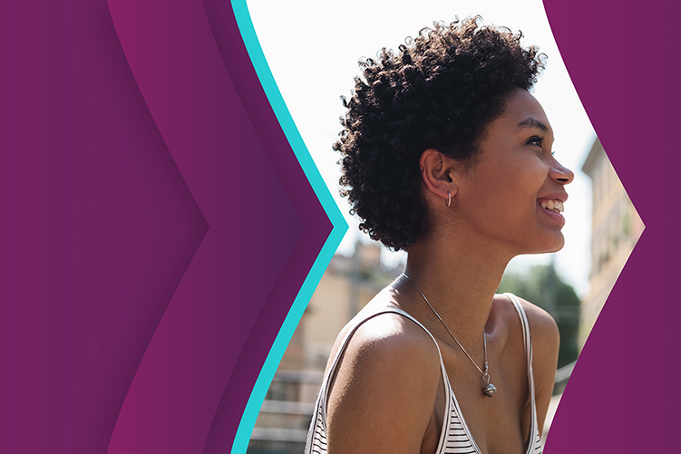 lady smiling and looking up, branded with Skrill purple and teal arrows, become True Skriller