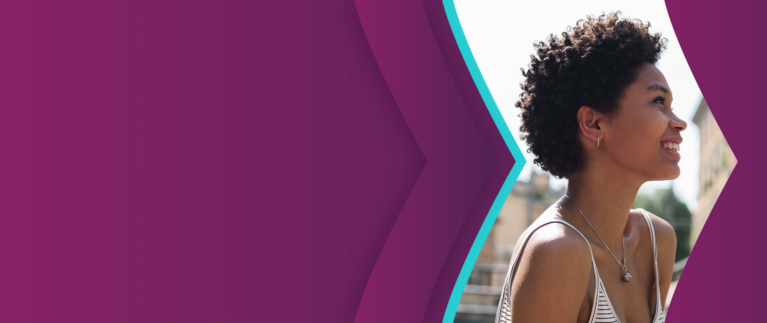 lady smiling and looking up, branded with Skrill purple and teal arrows, become True Skriller