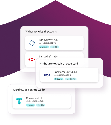 crypto coins of Bitcoin, Ethereum, Litecoin on Skrill purple brand arrows
