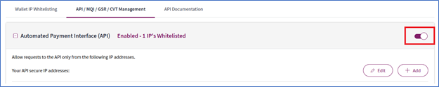 API whitelist in merchant administration