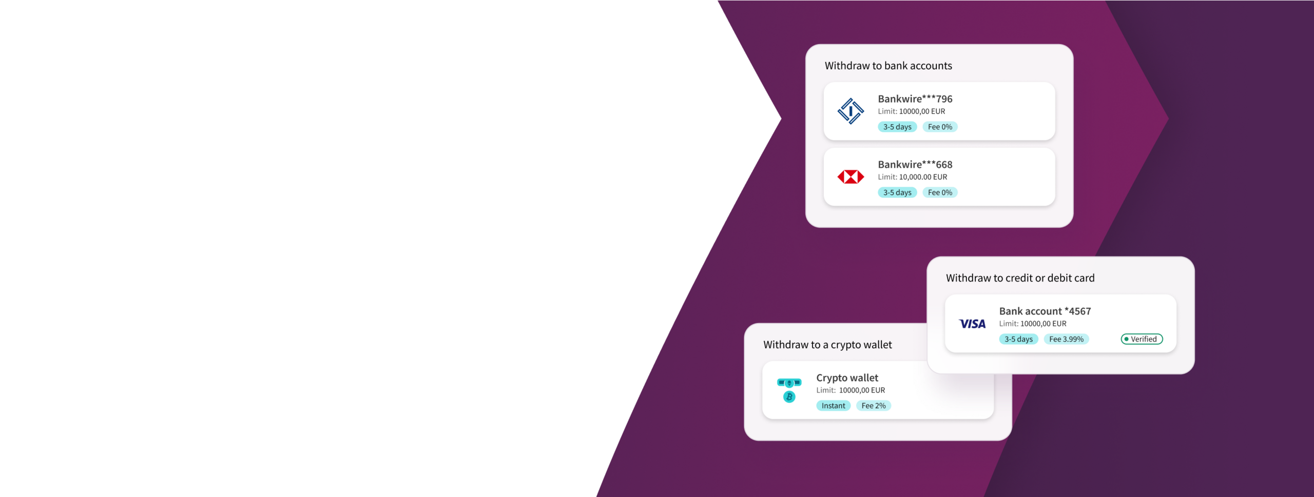 crypto coins of Bitcoin, Ethereum, Litecoin on Skrill purple brand arrows